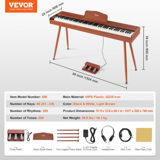 VEVOR 88 Πλήκτρα Ψηφιακό Πιάνο με Βάρος, Διπλό Πληκτρολόγιο, Τετράποδη Βάση BXSZCGQ88JSJ8KKBKV2