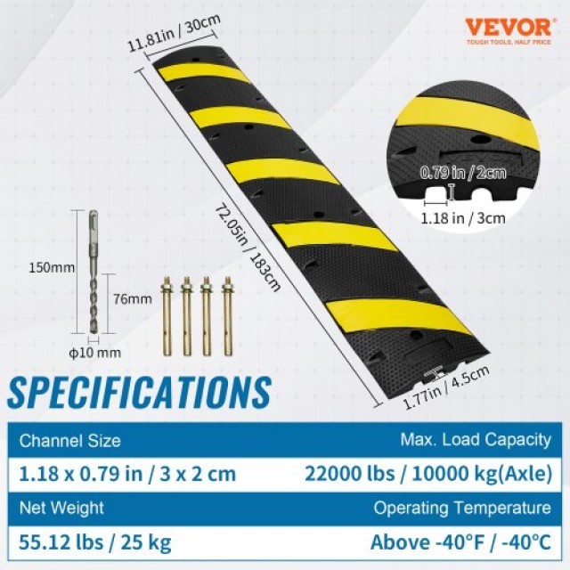 VEVOR 6 ft/72 Λαστιχένιο Σαμαράκι, 2 Κανάλια, 22000 lbs Φορτίο, Ανθεκτικό, με Ανακλαστική Κίτρινη Λωρίδα, 4 Βίδες και 1 Τρυπάνι, για Δρόμους Ασφάλτου, Σκυροδέματος, Χαλίκι  JSDDLBHQXJZTA4MA6V0