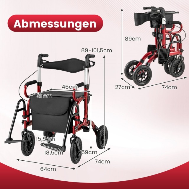 Costway Πτυσσόμενος Ελαφρύς Rollator με Φουσκωτούς Τροχούς και Κάθισμα 2 σε 1 Καροτσάκι & Ταξιδιωτικός Rollator Κόκκινο JH10028RE