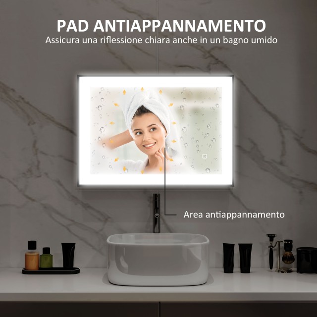 HOMCOM  Φωτιζόμενος καθρέφτης μπάνιου LED με ρυθμιζόμενο χρώμα και θερμοκρασία και πλαίσιο αλουμινίου, 70x3x50 εκ., Μαύρο  834-782V00BK