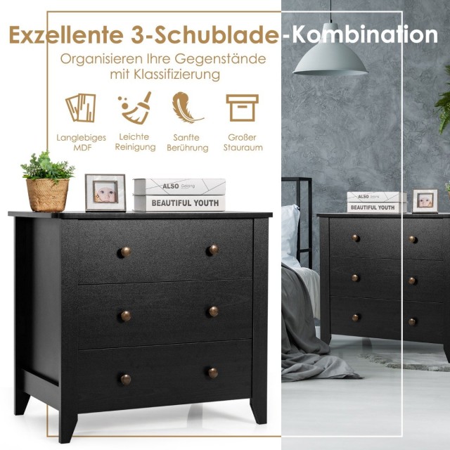 Συρταριέρα Αποθήκευσης με 3 Συρτάρια 71  x 46  x 66 cm Μαύρο HW65855BK Costway