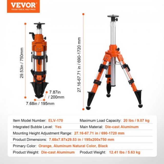 VEVOR Τρίποδο για Laser Level, Ρυθμιζόμενο Ύψος 69-172 cm, Σπείρωμα 5/8-11  JZSJJZXSJS008GPZVV0