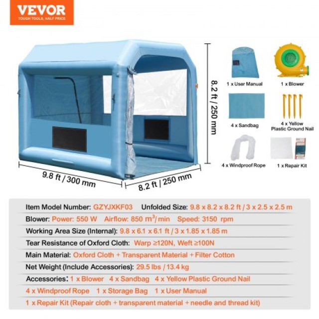 Φουσκωτός Θάλαμος Βαφής VEVOR 3x2.5x2.5μ με Φίλτρο & Φυσητήρα 550W ...