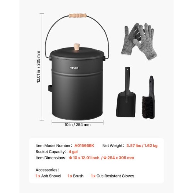 VEVOR Κουβάς Τζακιού με Καπάκι VEVOR, 4 Πρ., 15L, Ø10 x 12 ίντσες, ...