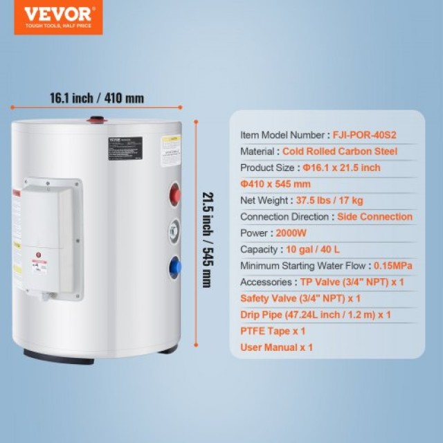 VEVOR Ηλεκτρικός Θερμοσίφωνας 10 Γαλόνια 1.6Kw LED για Ντους CSSRSQ40LXNLTWC46V2