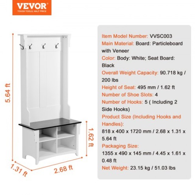 VEVOR  Ξύλινη Κρεμάστρα με Πάγκο & 5 Γάντζους για Χωλ  MZDGNYMJYTSW6XX9GV0