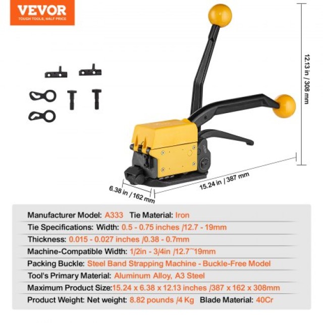 VEVOR  Εργαλείο Χαλύβδινης Δεματοποίησης 1/2-3/4, Πολυλειτουργικό (Τεντωτήρας, Πιεστήρας, Κόφτης) για Ανοξείδωτο Χάλυβα SDGDKZGJDJT04MNNHV0