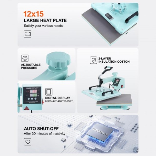 Πρέσα Θερμότητας VEVOR 12x15 8 σε 1 με Πρέσα για Κύπελλα 30oz για Μπλουζάκια Πράσινη  YTS30OZ121581VG8XV2