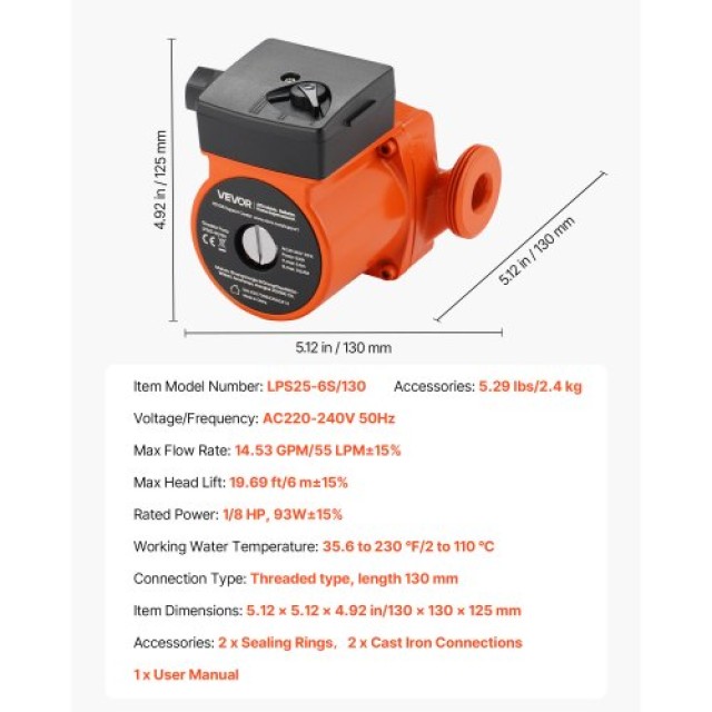 VEVOR Αντλία Κυκλοφορίας LPS25-6S/130 από Χυτοσίδηρο, 1/8 HP, 220-2... VEVOR Αντλία Κυκλοφορίας LPS25-6S/130 από Χυτοσίδηρο, 1/8 HP, 220-2...