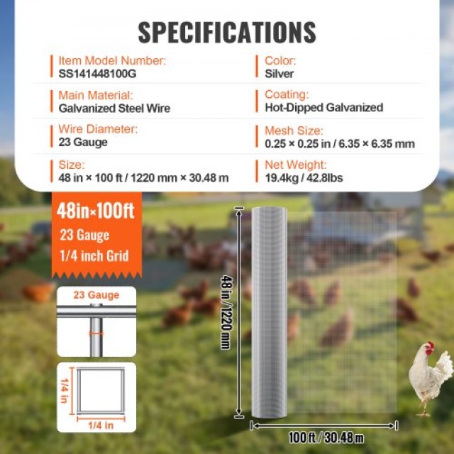 VEVOR Πλέγμα Σύρματος 1/4 48in x 100ft 23 Ga για Περίφραξη Κοτόπουλων  DXGSWL48IN105VTQ7V0