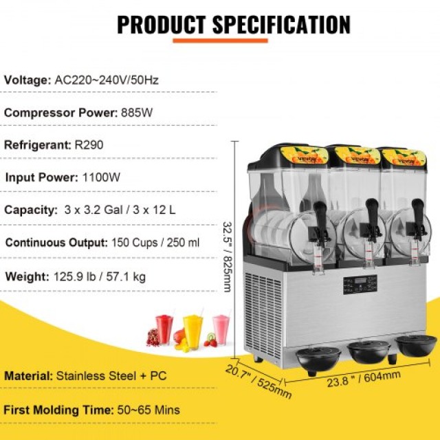 Επαγγελματική Μηχανή Γρανίτας VEVOR, 3 x 12L, 220V 1300W, Ανοξείδωτη για Καφέ/Μπαρ/Σπίτι  JJKXRJHSGOC12Z63YV2