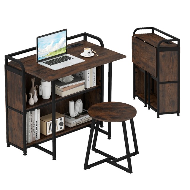 Costway Πτυσσόμενο Γραφείο με Πρίζα και Ράφια, Μεταλλικός Σκελετός,...