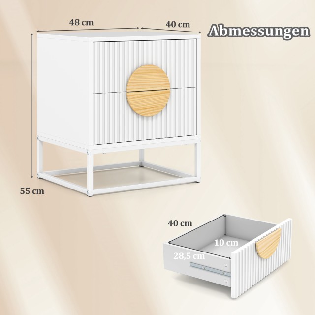 Costway Μοντέρνο Λευκό Κομοδίνο με 2 Συρτάρια και Μεταλλικό Πλαίσιο...