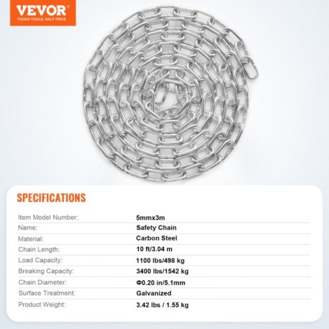 Αλυσίδα VEVOR Ψευδαργύρου 3/16 x 10 500 kg  WGAQLTG10FT3N2AETV0