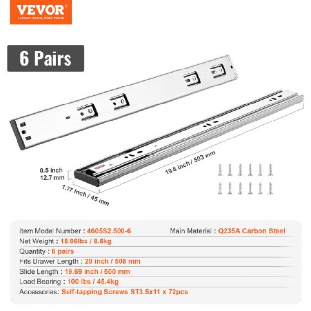 VEVOR Συρόμενοι Οδηγοί Συρταριών 508mm, Αθόρυβοι με Απαλή Κλείσιμο, 100lbs Φορτίο  CZCJCTDG100LG511JV0