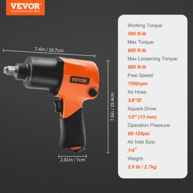 Κρουστικό Αερόκλειδο VEVOR 1/2, 880ft-lbs, 7500RPM για Αυτοκίνητα  KQ660N121000NW5VOV0