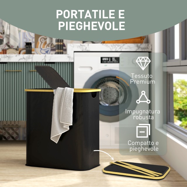 HOMCOM  Καλάθι Απλύτων 80L με 2 Διαμερίσματα και Καπάκι, από Ύφασμα μη Υφασμένο και Μπαμπού, 54x34x58.5 cm, Μαύρο  850-320V00BK