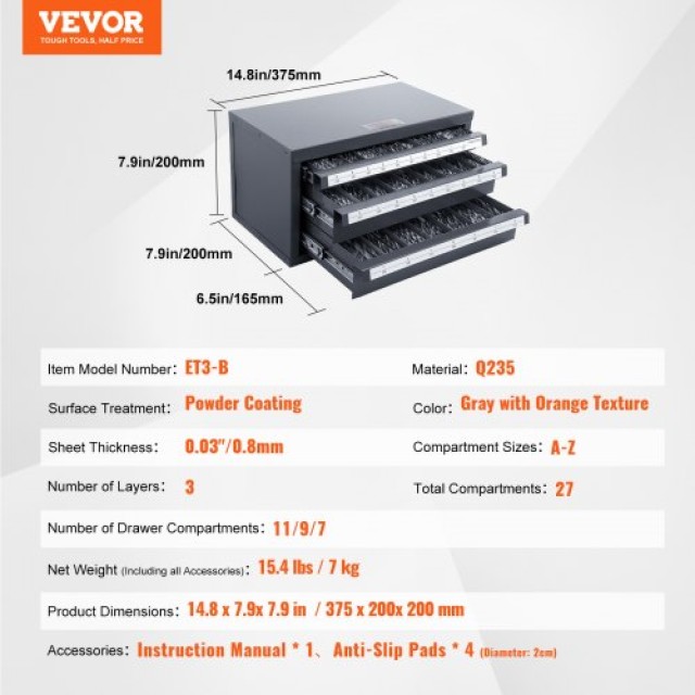 Ντουλάπι Οργάνωσης Τρυπανιών VEVOR, Τριών Συρταριών, Με Ετικέτες, Στοιβαζόμενο  ZTFPGJXADZSCZ52E8V0