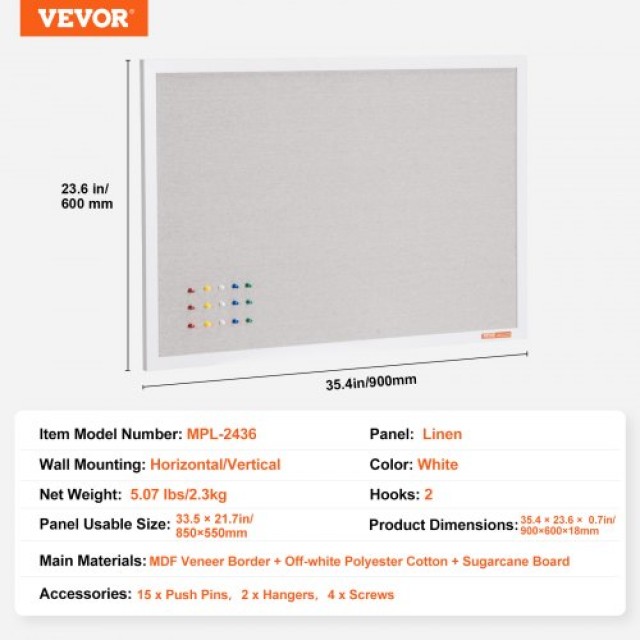 VEVOR Πίνακας Ανακοινώσεων 36x24 με Λευκή Επιφάνεια Λινάτσας για Τοίχο  RMB36X24WBSMUFWYSV0
