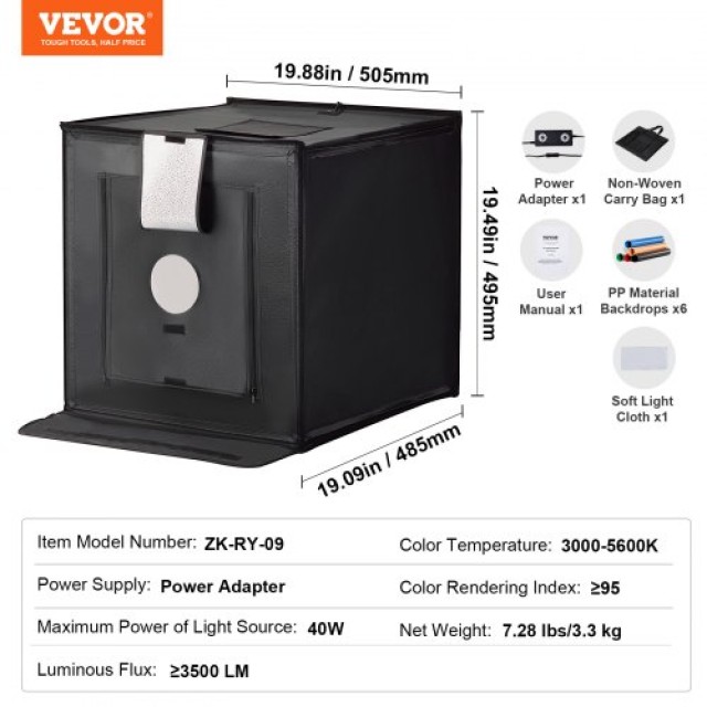 VEVOR Φωτογραφικό Στούντιο Κουτί Φωτισμού 20x20 3000-5600K Ρυθμιζόμενο 3 Χρωματικές Θερμοκρασίες  SYDXNJBH20IN0IEYAV2
