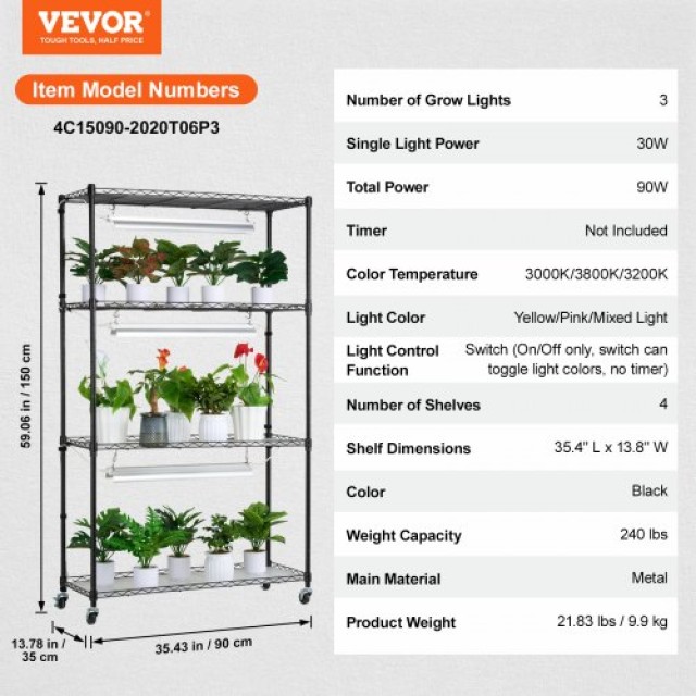 VEVOR  Ράφι Φυτών με Φώτα Ανάπτυξης 4 Επιπέδων 90W 150cm Ύψος GNZWJ150CM90W4H6VV2
