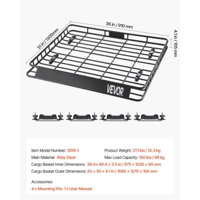 VEVOR Καλάθι Φορτίου Οροφής 43x50x4.1 ιν. HKSXLK4350INLIUJFV0