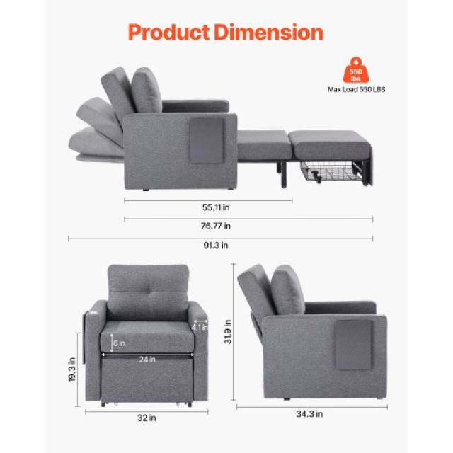 VEVOR Πολυλειτουργικός Καναπές-Κρεβάτι με Πλαϊνή Τσέπη και Ρυθμιζόμ...