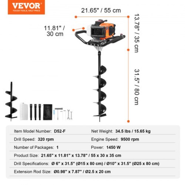 VEVOR  Βενζινοκίνητο Τρυπάνι Οπών 52CC 1450W με Δράπανα 6 & 10 & 3 ...