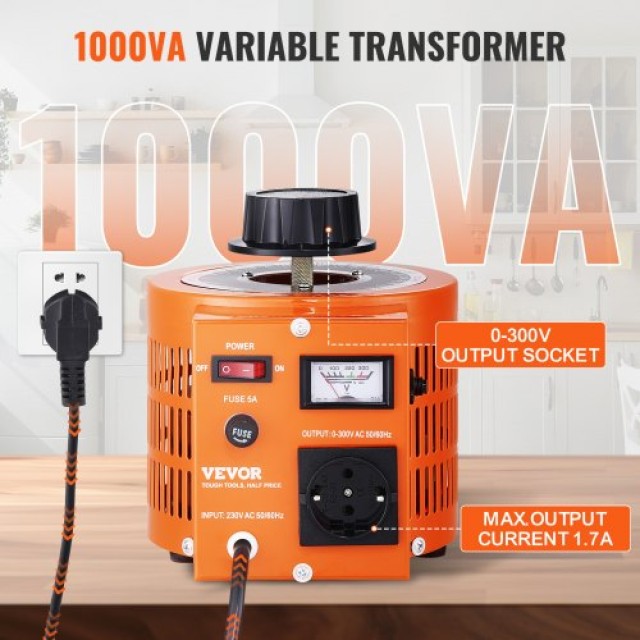 VEVOR  Μετασχηματιστής Τάσης 1000VA 3.3A 0-300V AC Ρυθμιστής CE KBB...