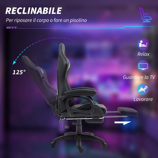 HOMCOM  Καρέκλα Gaming με ανάκλιση 125° και λειτουργία μασάζ από συνθετικό δέρμα με υποπόδιο, 65x68x120-128 εκ., Μαύρο  921-795V90BK