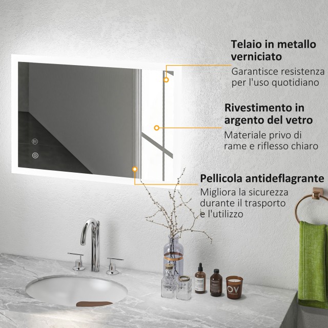Kleankin Καθρέφτης Μπάνιου με Ρυθμιζόμενα Φώτα LED, Έλεγχος Αφής και Αντιθαμβωτική Λειτουργία, 70x50 εκ. 834-590V00CR