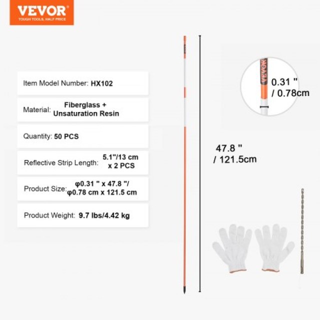 Δείκτες Δρόμου VEVOR, 50 Τεμ, 48, Πορτοκαλί Fiberglass με Ανακλαστική Ταινία  CDBG48YCCS504M8BHV0