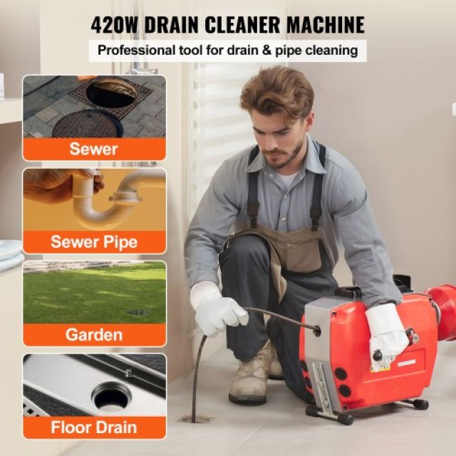 VEVOR Μηχάνημα Καθαρισμού Αποχέτευσης 120FT x 7/8 420W Χειροκίνητο ...