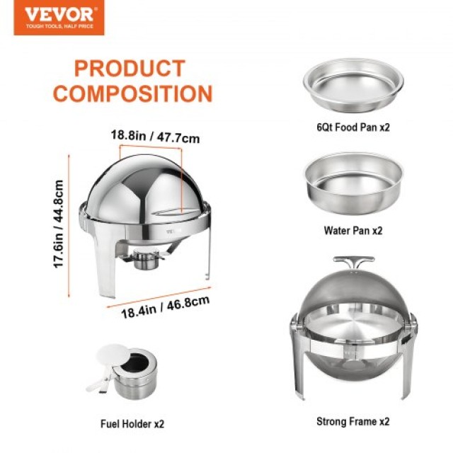 Σετ Μπουφέ VEVOR Roll Top, 6 Qt 2τμχ, Ανοξείδωτο Σκεύος με 2 Πλήρη Ταψιά, Στρογγυλή Θερμάστρα με Καπάκι, για τουλάχιστον 5 Άτομα  QXKCLJTQX26QT6HT8V0