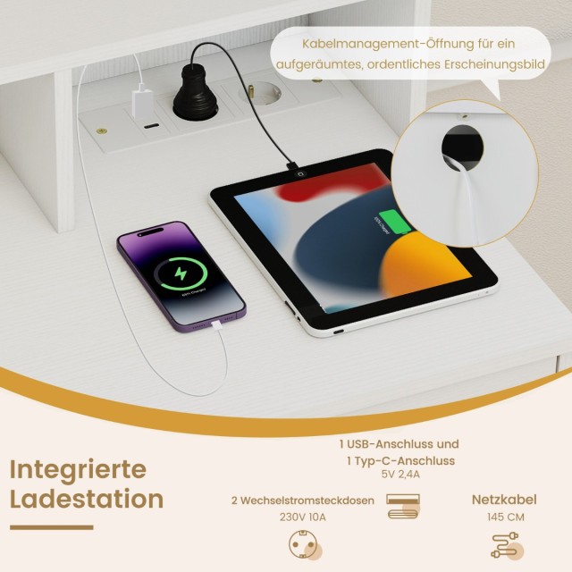 Costway Σετ Καλλωπισμού με Καθρέφτη LED 3 Χρωμάτων & Σκαμπό - Λευκό...