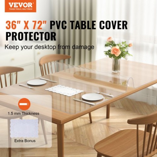 Διαφανές Προστατευτικό Τραπεζιού VEVOR, 36 x 72, 1.5 mm PVC, Αδιάβρ...