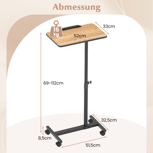 Costway Ρυθμιζόμενο Τραπέζι Κλίνης 52 x 33 x 112 cm με Τροχούς και ...