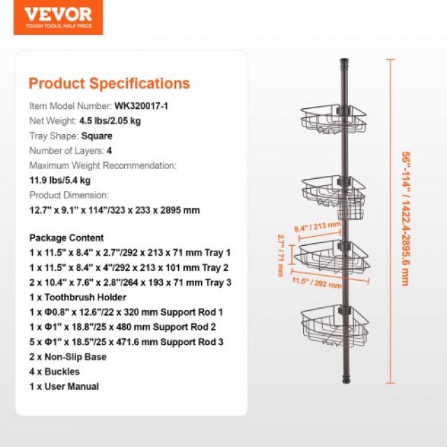 VEVOR  Γωνιακή Ράβδος Ντους 142-290cm Αντοχής στη Σκωρία  SCTPBXGSX...