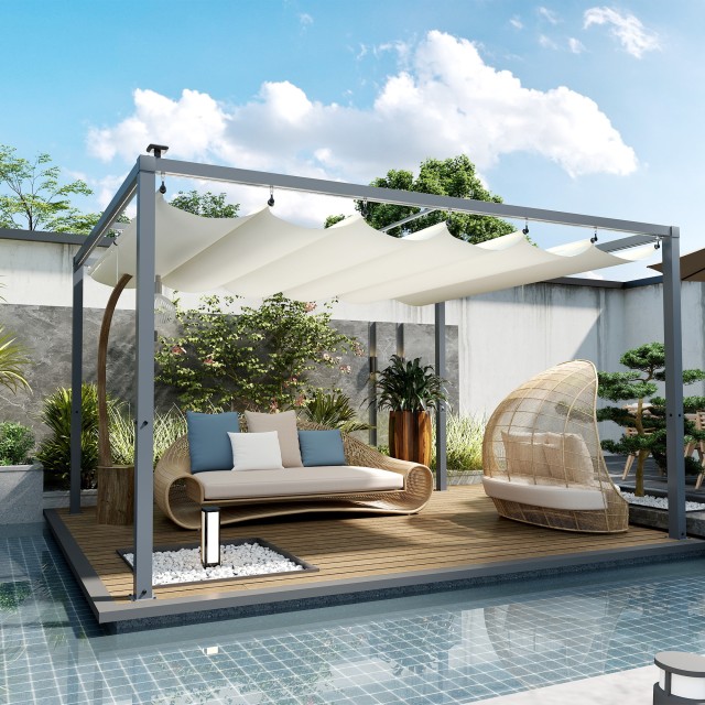 Outsunny Πέργκολα Κήπου Αναδιπλούμενη 4x3 μ με Φώτα LED και Οπές Αποστράγγισης, από Αλουμίνιο και Πολυεστέρα, Λευκό Κρεμ. 84C-557V00CW