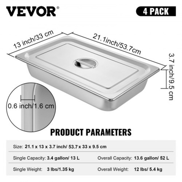 Σετ 4 Δοχείων Ατμού VEVOR 53x32x10cm Ανοξείδωτα για Φούρνο και Μπουφέ  CP20X12X4YCTZ4001V0
