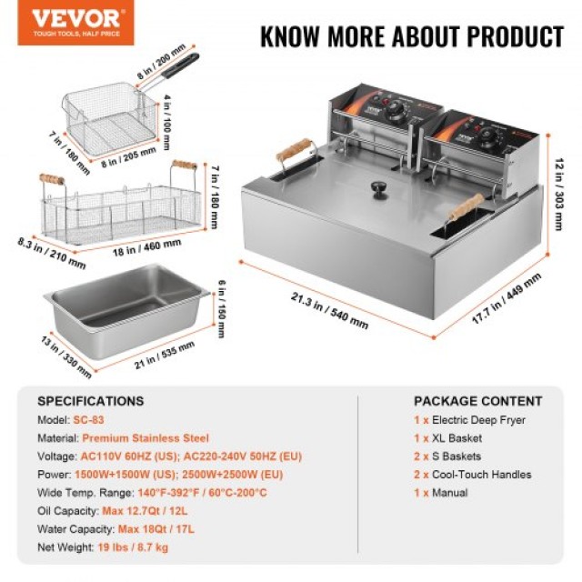 VEVOR Επαγγελματική Ηλεκτρική Φριτέζα 2500W 12L Ανοξείδωτη Αναβάθμι...