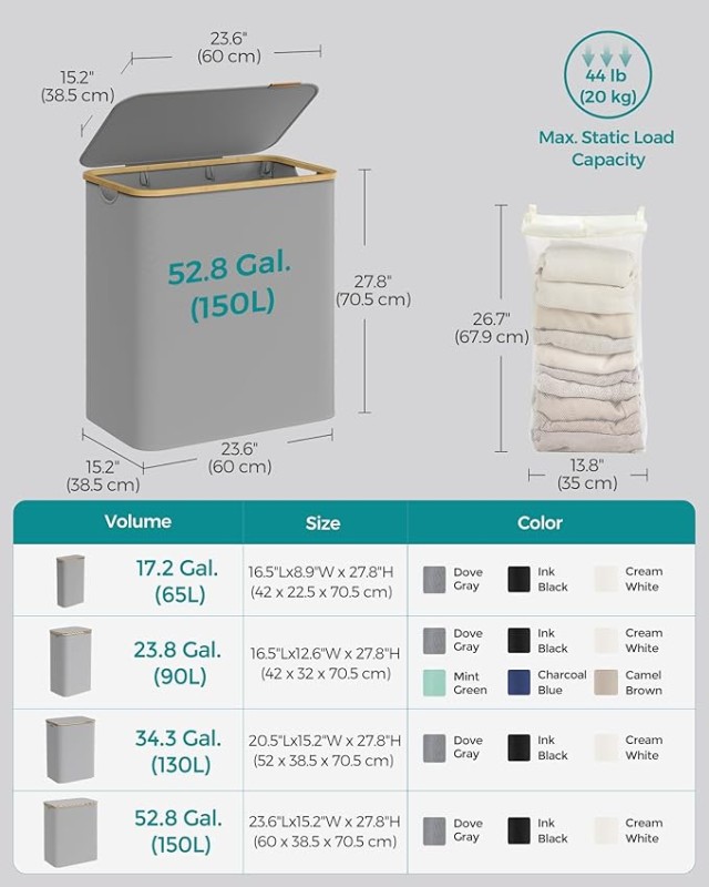 SONGMICS Μεγάλο Καλάθι Ρούχων 150L με Καπάκι και 3 Θήκες, Γκρι, 60x38.5x70.5cm LCB515G01V1