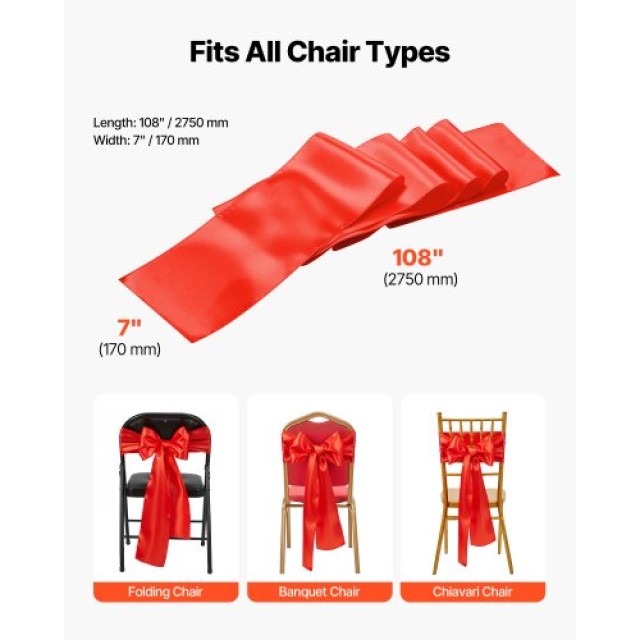 VEVOR Κορδέλες Καρέκλας από Σατέν 50PCS με Διάσταση 7 x 108 ιντσών,... VEVOR Κορδέλες Καρέκλας από Σατέν 50PCS με Διάσταση 7 x 108 ιντσών,...