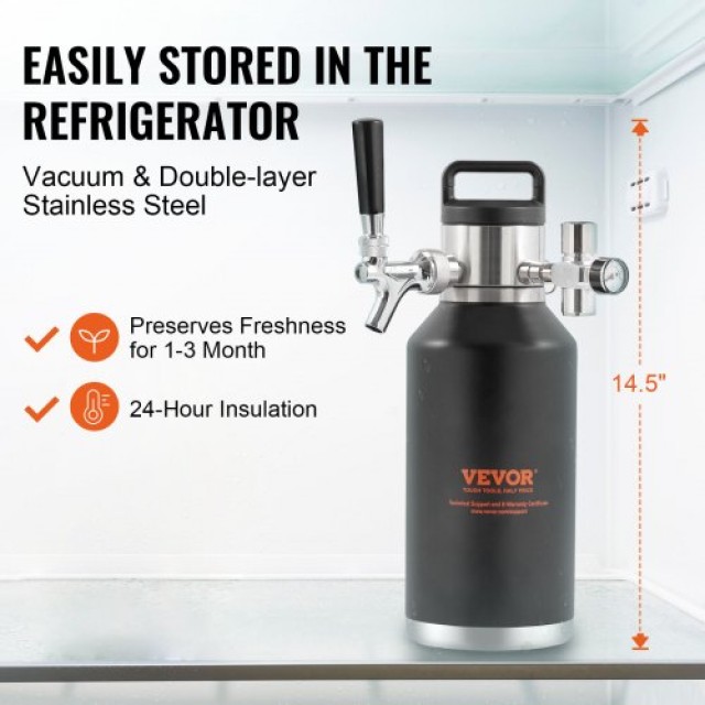 Σύστημα Βρύσης Μπύρας VEVOR, 64Oz 1.89L Μίνι Κεγ, Ανοξείδωτο Ατσάλι 304, Ρυθμιστής CO2, Οθόνη Πίεσης  MNPJTHSYS64OZLGCLV0