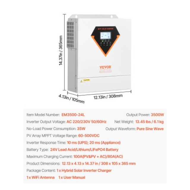 VEVOR Υβριδικός Ηλιακός Αντιστροφέας 3500W 220/230V WiFi 100A MPPT Ελεγκτής LWGPNKYTJ230DIY24V7