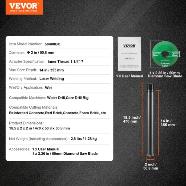 VEVOR  Διαμαντοκορώνα 2, 14 βάθος, 1-1/4-7 σπείρωμα, για σκυρόδεμα/...