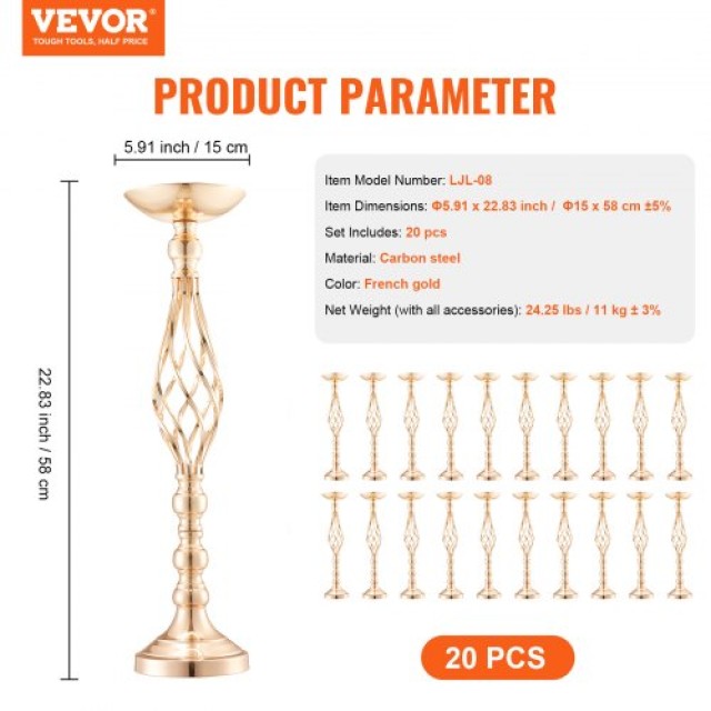 VEVOR  20 τεμ. Χρυσή Μεταλλική Βάση Λουλουδιών 58cm για Τραπέζι Γάμ...