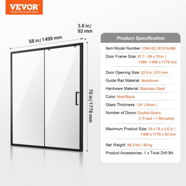 VEVOR  Ημι-πλαισιωτή Πόρτα Ντουζ 58x70 Μαύρο Ματ 6mm Ασφαλείας  DBK...
