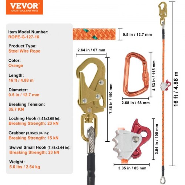 VEVOR Σύστημα Ασφαλίστρας με Ατσάλινο Πυρήνα 12.7mm, 16ft για Δενδρ...