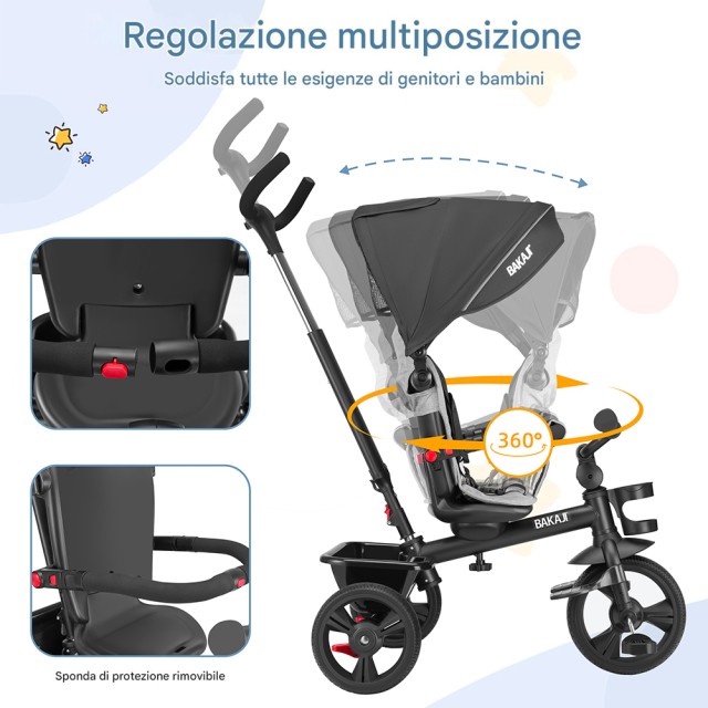 BAKAJI Παιδικό Τρίκυκλο 5 σε 1 Μαύρο με Κουκούλα, Πεντάλ και Εργονο...